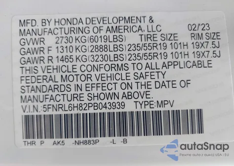 2023 Honda Odyssey Touring from USA, damaged, VIN 5FNRL6H82PB043939